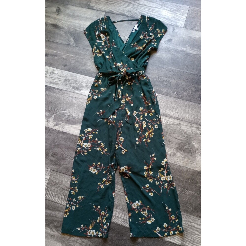 DR 2 Women's XS Sleeveless Green Floral V Neck  Jumpsuit With Tie At Waist